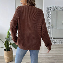 Color Block Beaded Off-Shoulder V-Neck Loose Knit Sweater