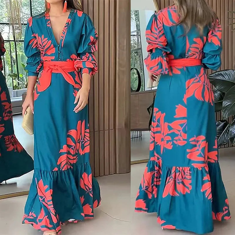 Teal Red Palm Leaf Print V Neck Belted Maxi Dress