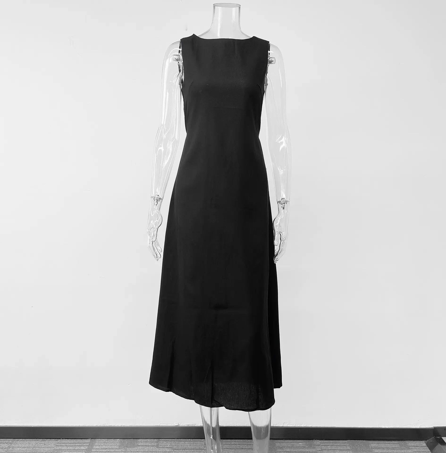 Solid Round Neck Sleeveless Straight A-Line Long Midi Dress