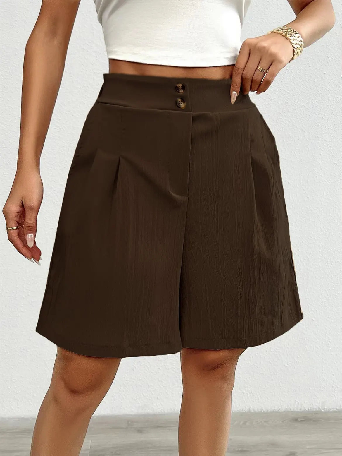 High Waist Double Button Pleated Casual Bermuda Shorts