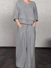 Loose V-Neck 2-Piece Outfit, Batwing Sleeve Top & Wide Leg Pants Set