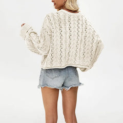 Romantic Hollow Cable Knit Henley Jumper Oversized Button Detail Long Sleeve Sweater