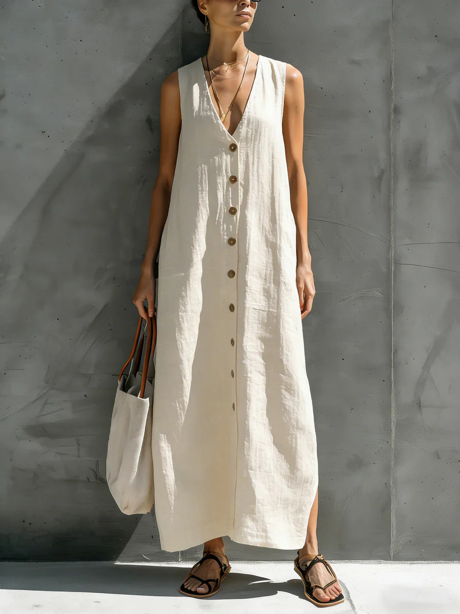 Solid V-Neck Sleeveless Button Front Casual Maxi Dress