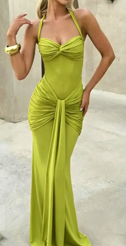 Burgundy Halter Mesh Cutout Mermaid Maxi Dress