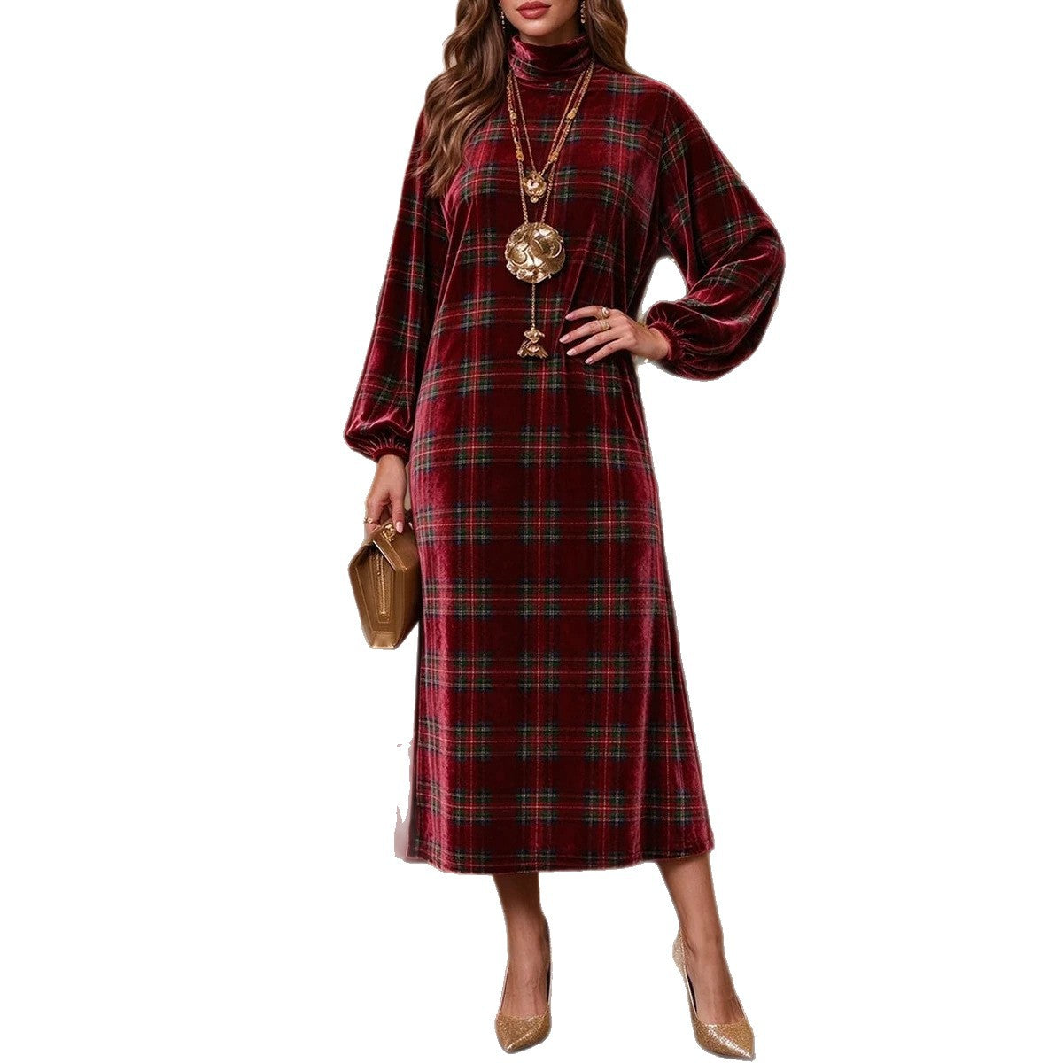 Vintage Plaid Velvet Midi Dress, Loose Fit Balloon Sleeve High Neck Winter Dress