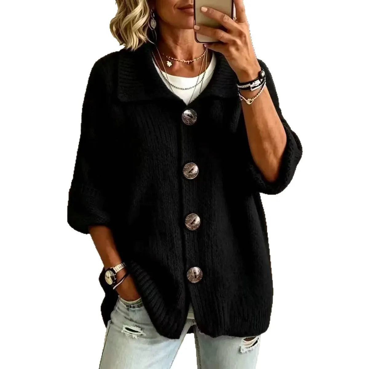 Lapel Collar Button Down Knit Cardigan, 3/4 Sleeve Loose Ribbed Knit Sweater Coat