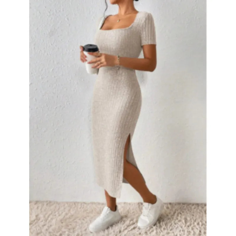 Square Neck Short Sleeve Ribbed Knit Bodycon Midi Dress with Side Slit