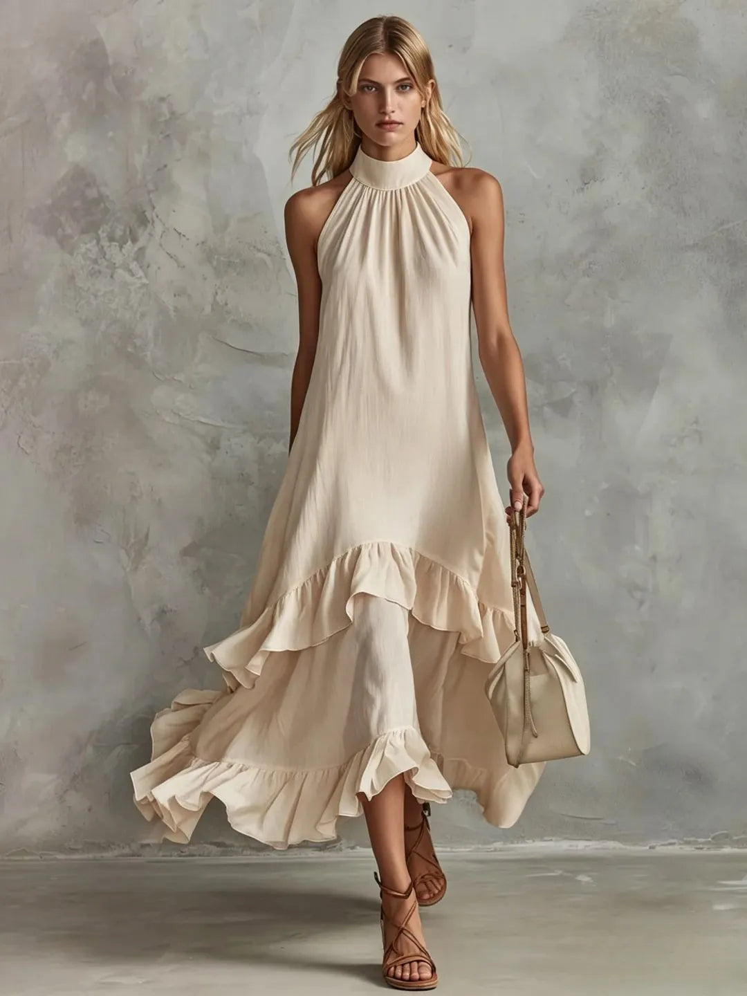 Halter Neck Tiered Ruffle Flowy Midi Chiffon Dress