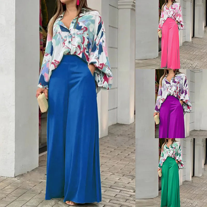 Floral Print Long Sleeve Shirt & Wide Leg Pants Two Piece Set
