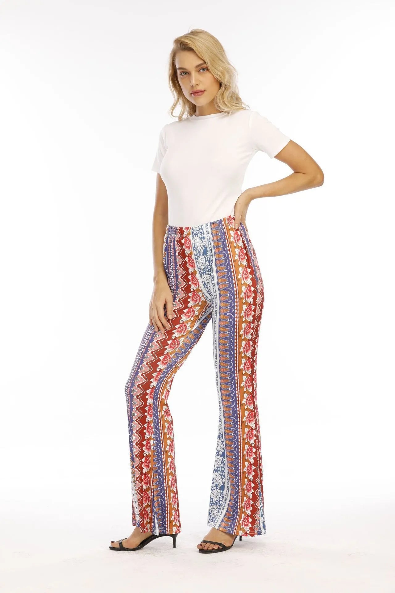 Bohemian Floral Print Elastic Waist Micro Flared Casual Pants