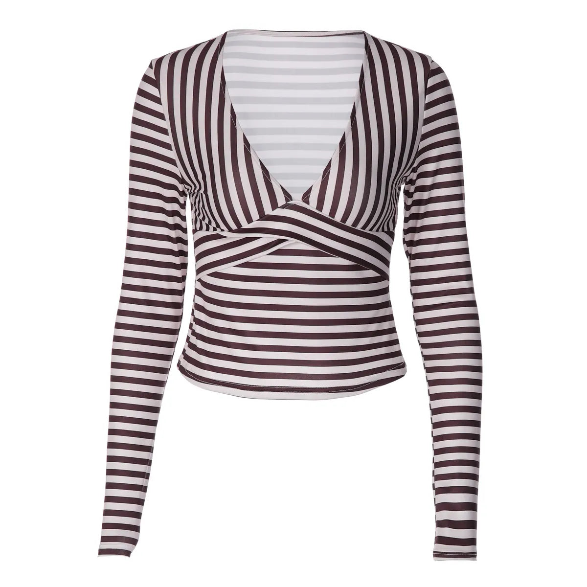 Striped Wrap V Neck Long Sleeve Crop Top, Slim Fit Y2K Going Out Tee