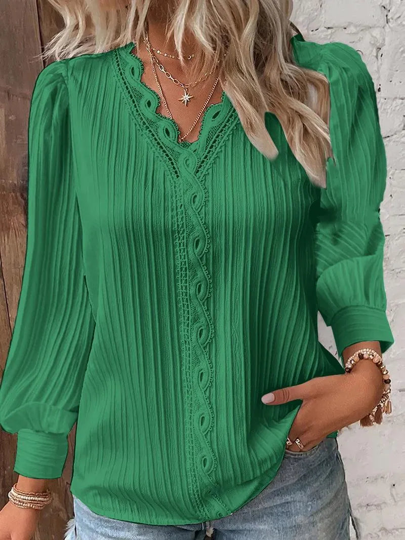 White Lace Trim Blouse, V-Neck Puff Sleeve Textured Long Sleeve Top