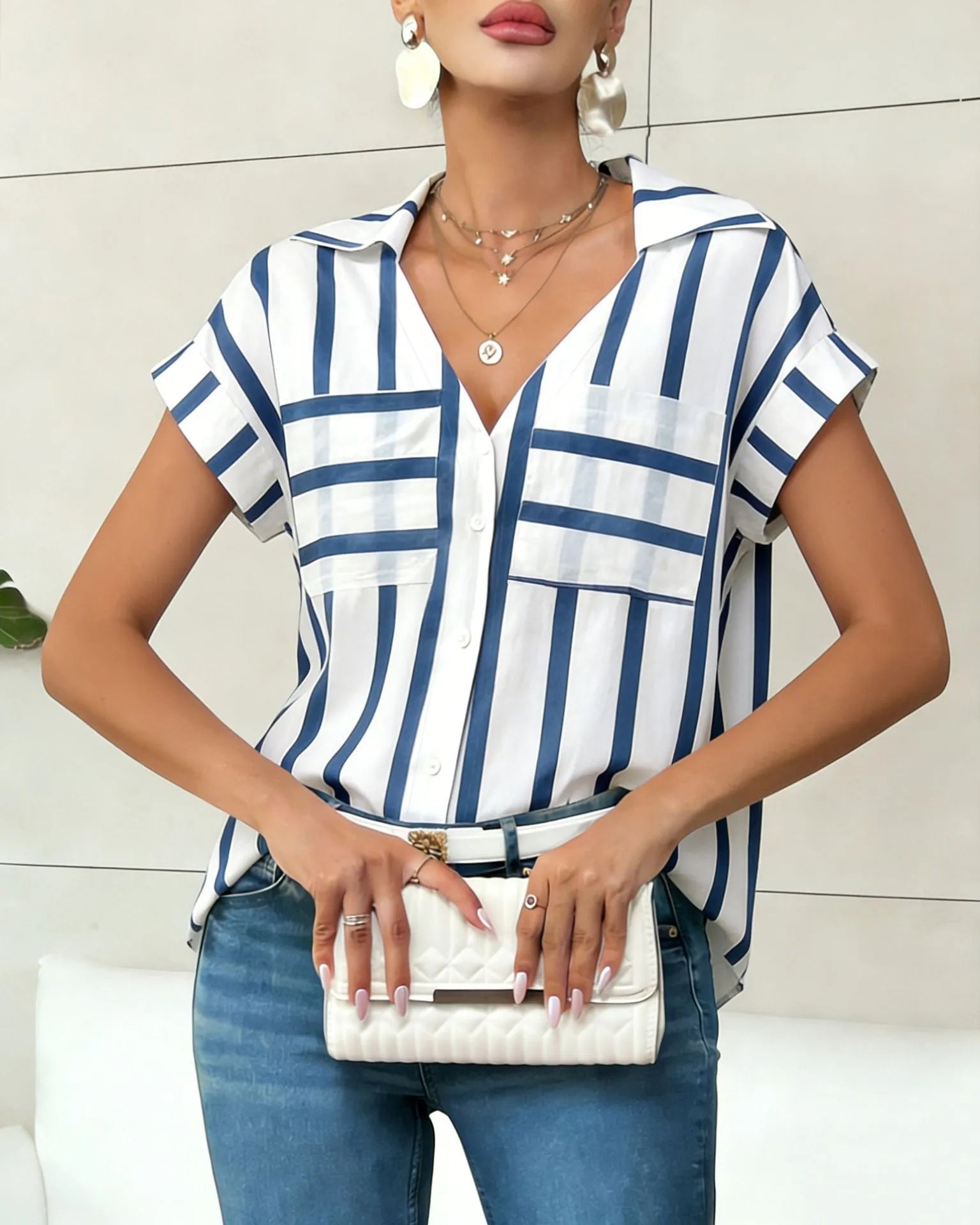 Striped Print V-Neck Batwing Sleeve Pocket Shirt
