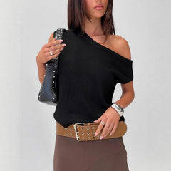 One Shoulder Short Sleeve Open Knit Sweater Top