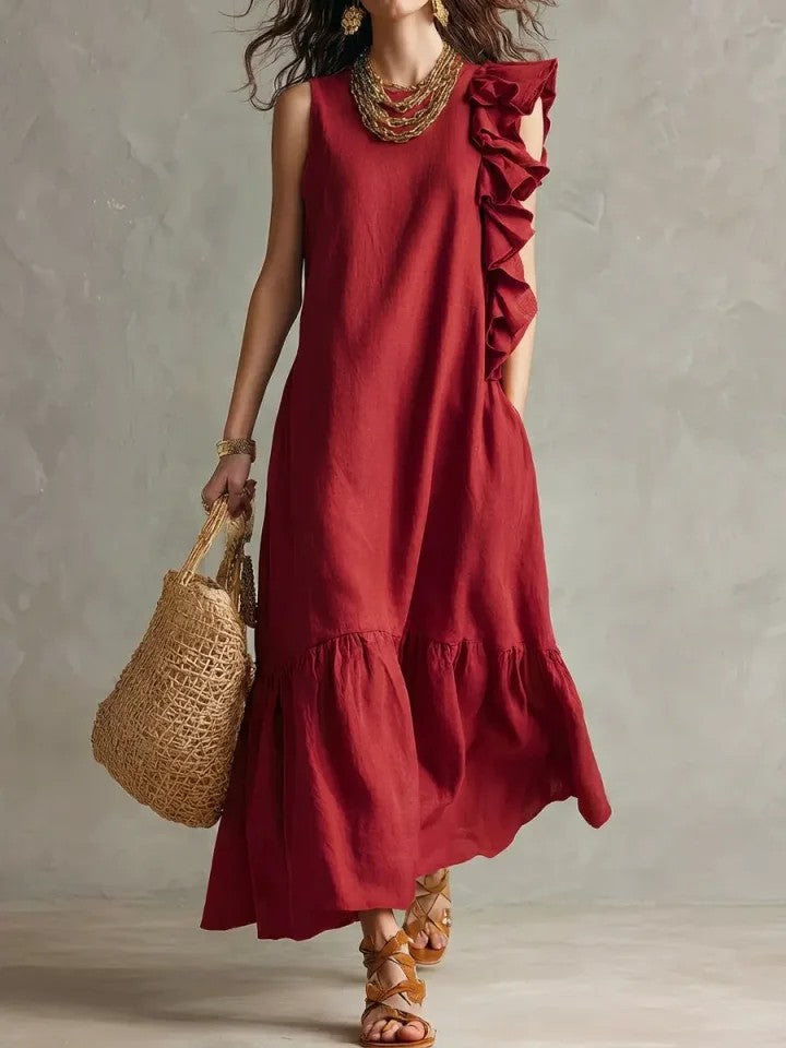 Pleating Blue Ruffle Sleeveless Tiered Maxi Dress