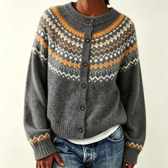 Vintage Fair Isle Knit Cardigan Round Neck Button Front Long Sleeve Sweater Jacket