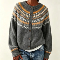 Vintage Fair Isle Knit Cardigan Round Neck Button Front Long Sleeve Sweater Jacket