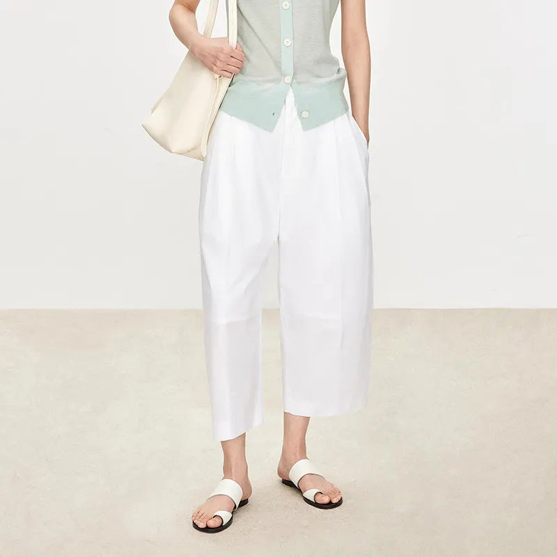 Mid Waist Pinch Pleats Loose Cropped Straight Commuter Casual Pants