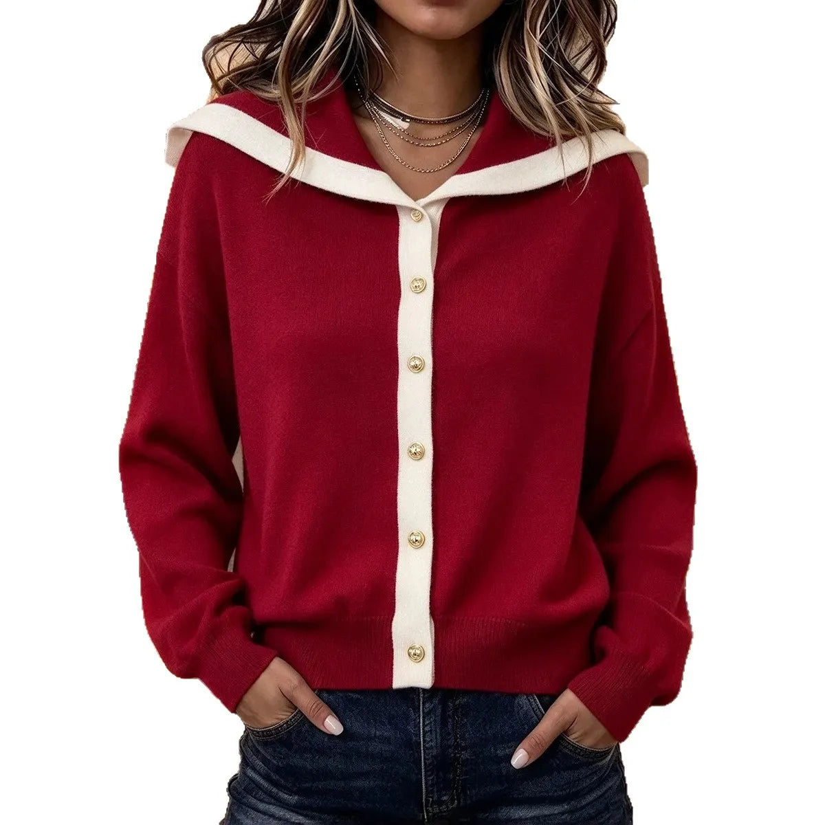 Sailor Collar Knit Cardigan, Contrast Trim Button Down Long Sleeve Sweater Top