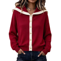 Sailor Collar Knit Cardigan, Contrast Trim Button Down Long Sleeve Sweater Top