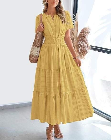 V-Neck Smocked Waist Tiered Maxi Dress