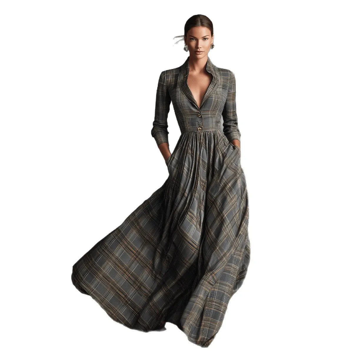 Grey Tartan Plaid Maxi Dress for Elegant V Neck Stand Collar Waist Fit Flare Long Dress