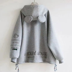 3D Mouse Ear Hood Embossed Letter Oversized Pullover Hoodie Casual Loose Sweatshirt