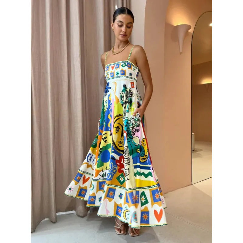 Whimsical Art Print Spaghetti-Strap Maxi Dress