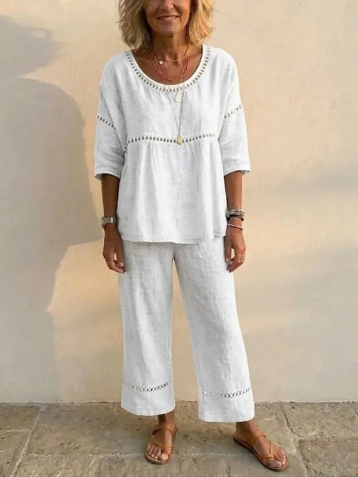 Linen Blend Eyelet 2-Piece Set, Round Neck Blouse and Wide Leg Pants