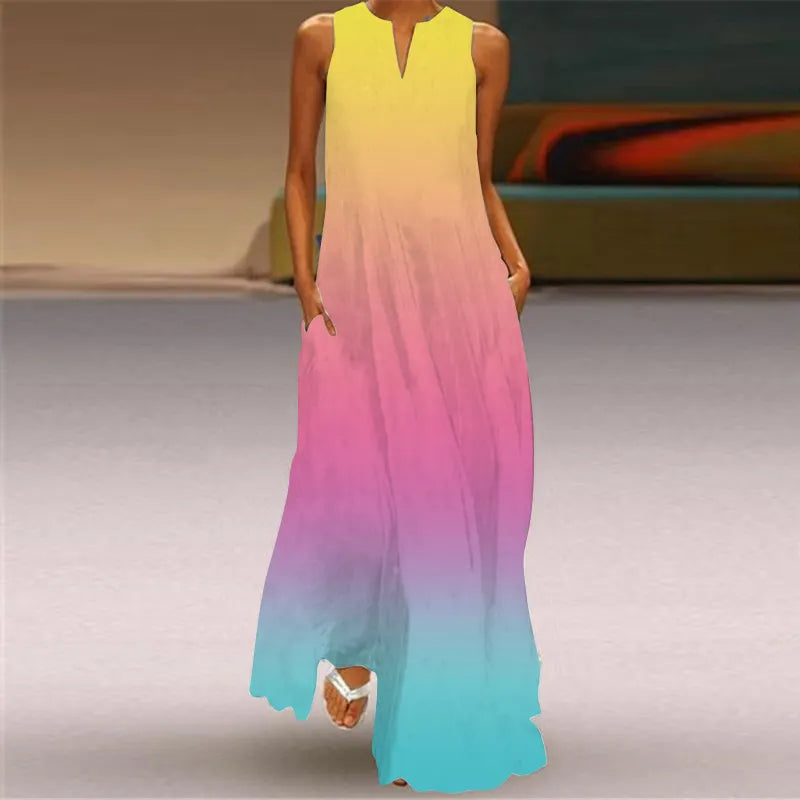 3D Butterfly Print V-Neck Sleeveless Loose A-Line Maxi Dress