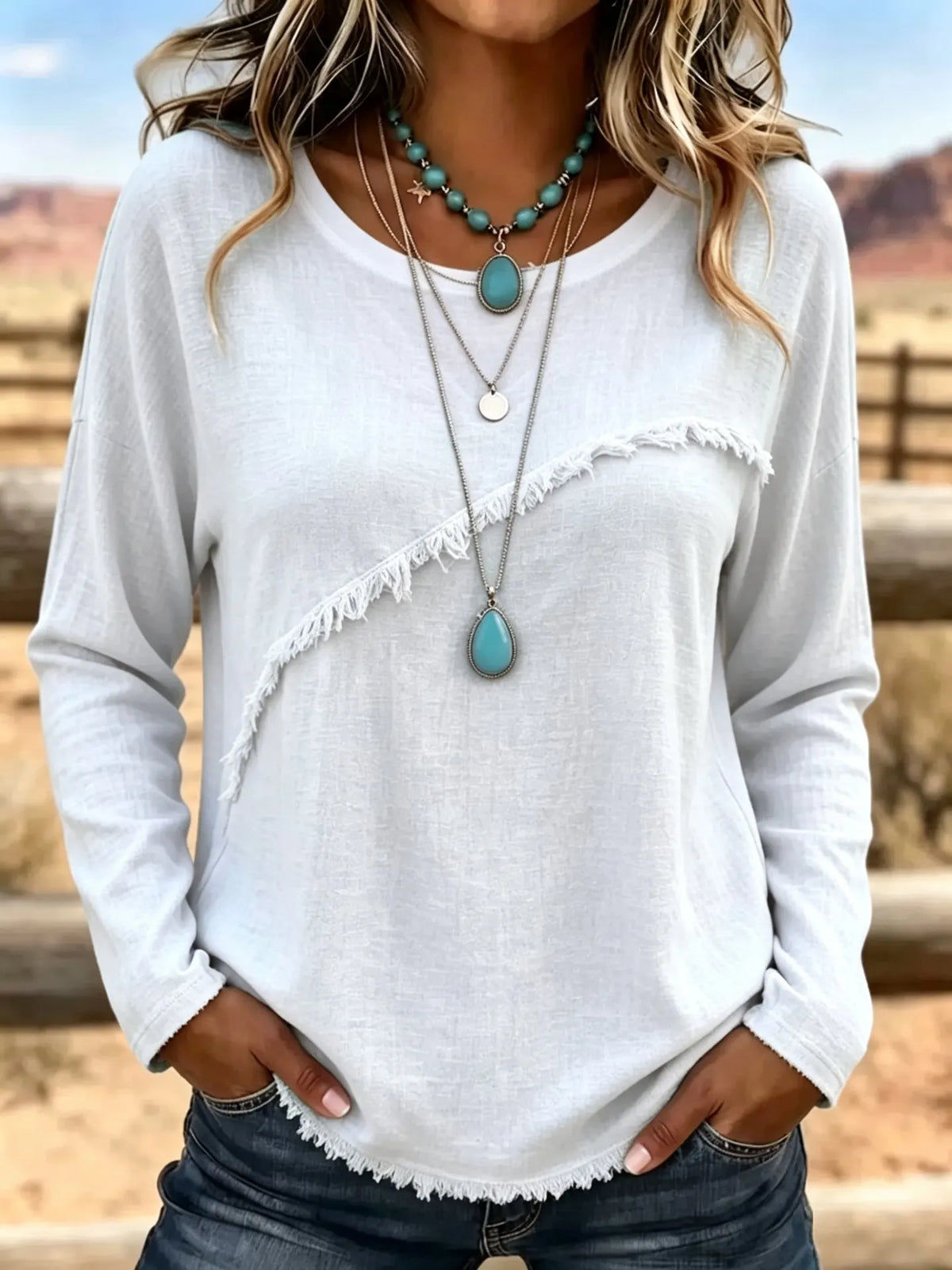 Crew Neck Diagonal Fringe Spliced Long Sleeve Polyester Casual Top