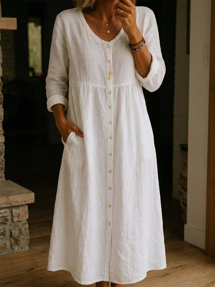 Linen Blend Button Down Midi Dress
