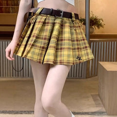 Classic Tartan Plaid Pleated Skirt Embroidery Detail High Waist Mini Skirt