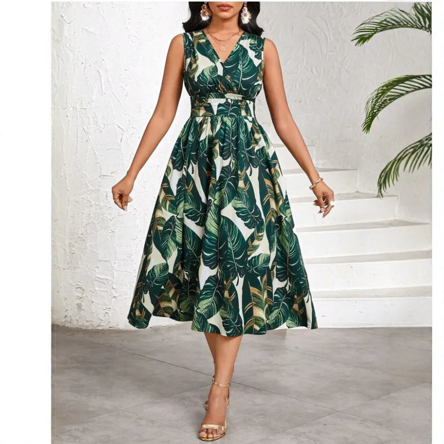 Tropical Leaf Print V-Neck High Waist Sleeveless A-Line Midi Dress