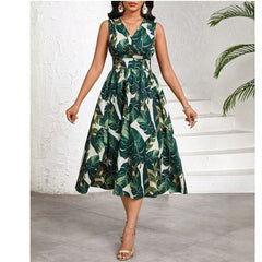 Tropical Leaf Print V-Neck High Waist Sleeveless A-Line Midi Dress