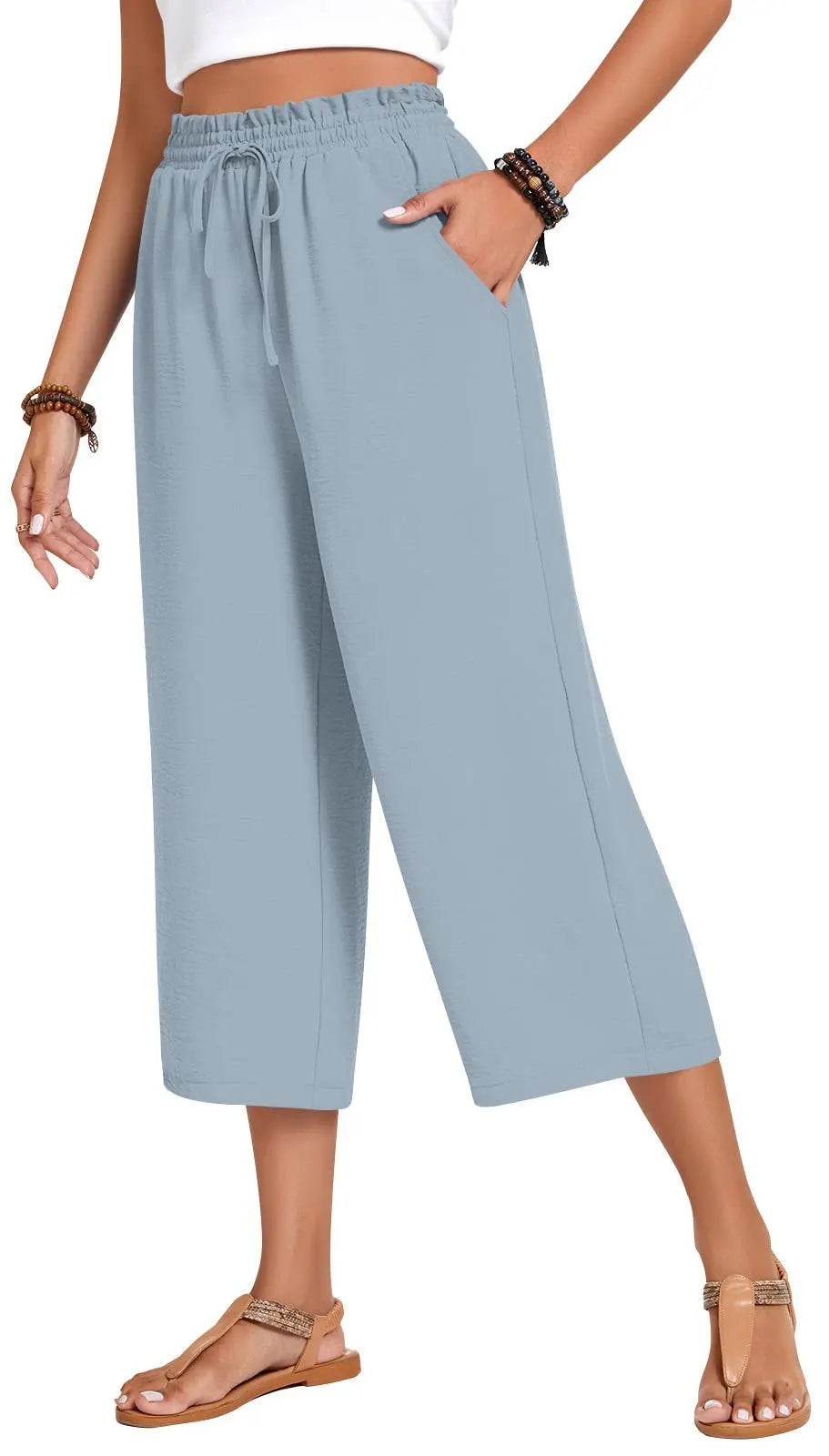 Matching Flowy Linen Look Floral Print Drawstring High Waist Loose Cropped Casual Daily Outfit Pants