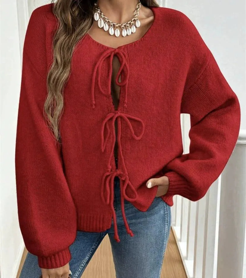 Multiple Drawstring Open Front Knit Top Long Sleeve Casual Oversized Cardigan