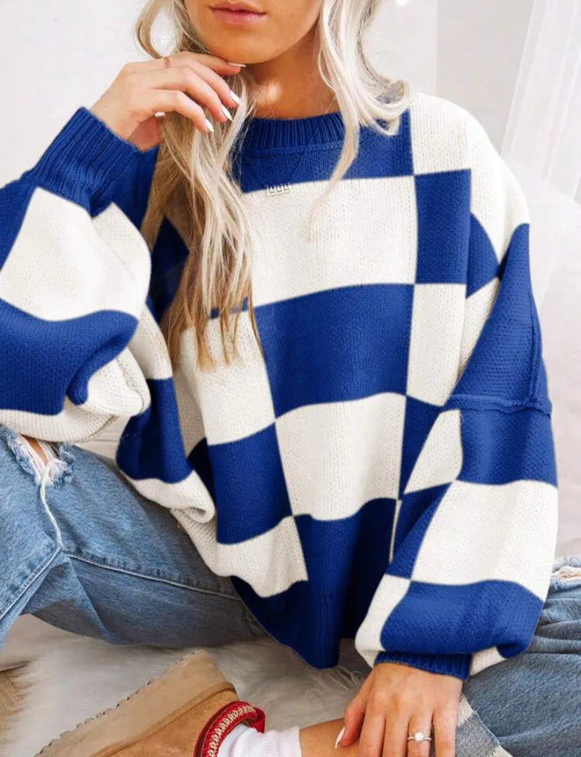Checkerboard Color Block Crew Neck Loose Pullover Sweater