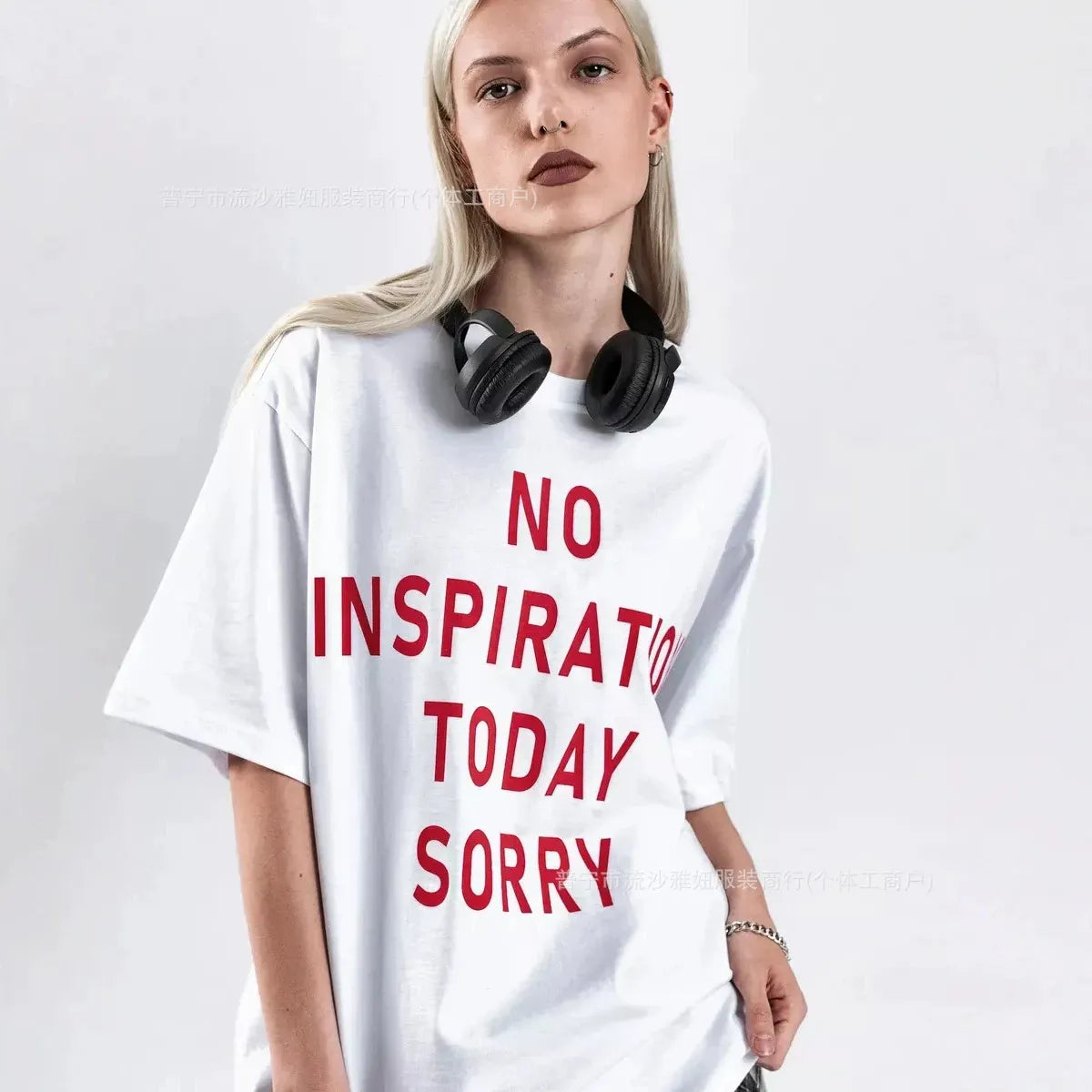 Four Lines Red Letter Print Crew Neck Oversized Loose Cotton Short Sleeve T-shirt