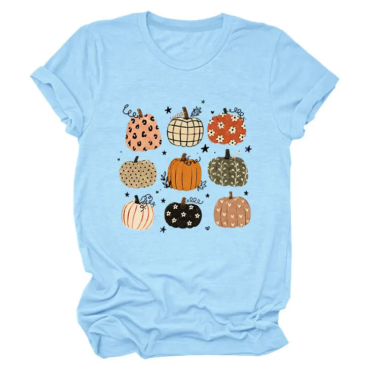 Leopard Floral Plaid Pumpkin Casual Short Sleeve Tee