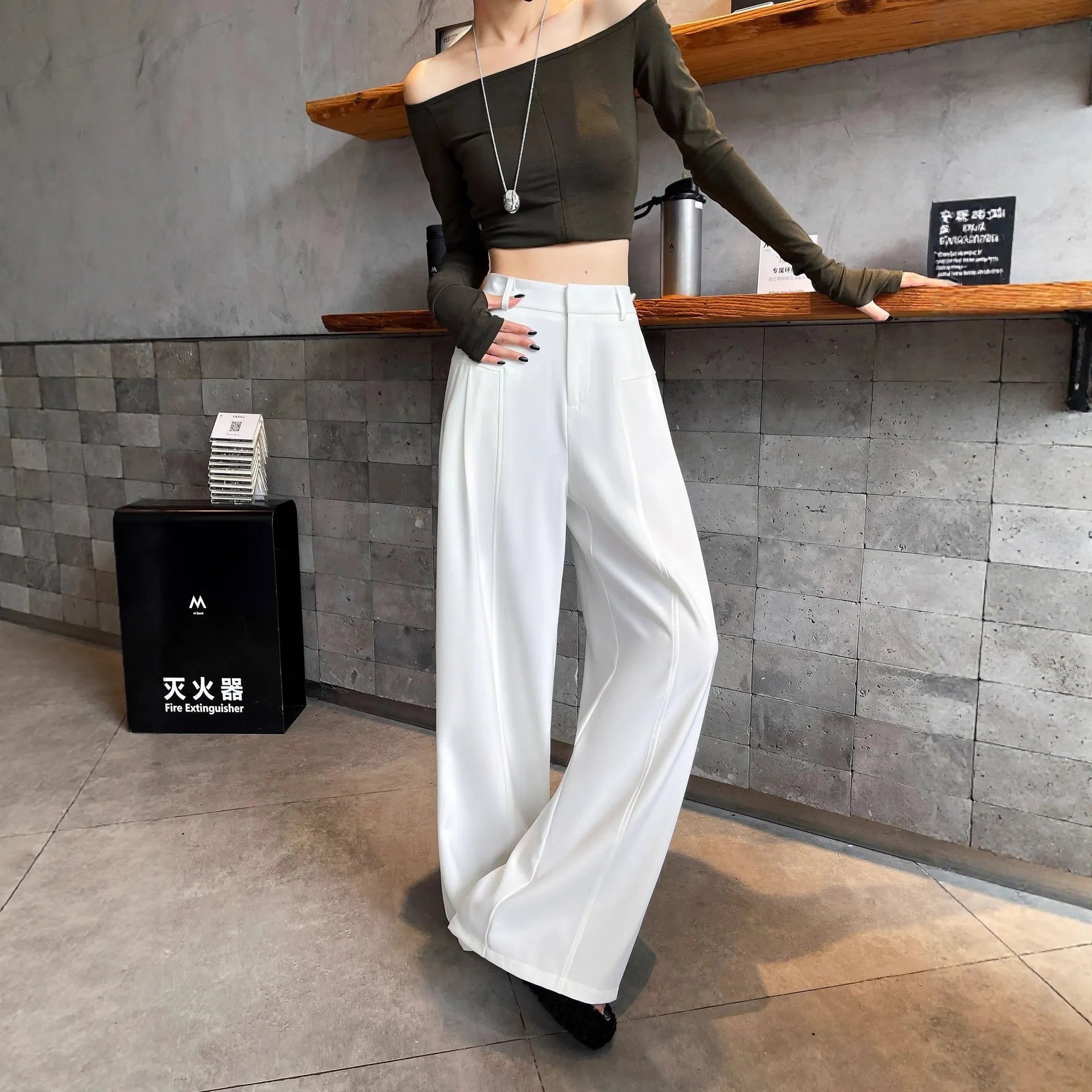 Matching Flowy Linen Look Mid Waist Pleated Wide Leg Straight Commuter Casual Long Pants