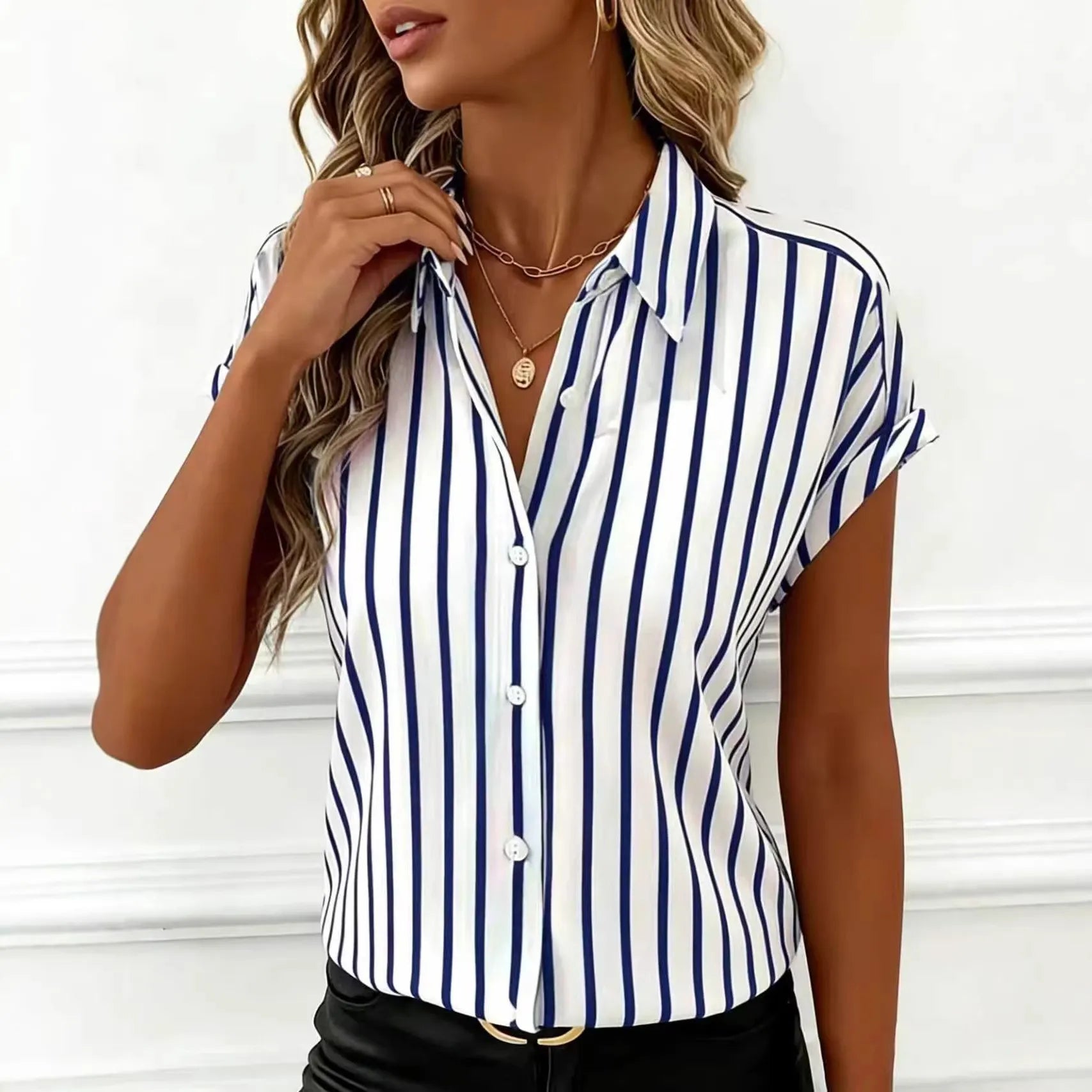 Vertical Stripe Cuffed Short Sleeve Shirt