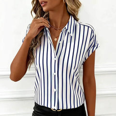 Vertical Stripe Cuffed Short Sleeve Shirt