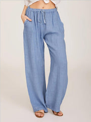 Lazy Day Outfit Blue Linen Drawstring High Waist Wide Leg Palazzo Pants