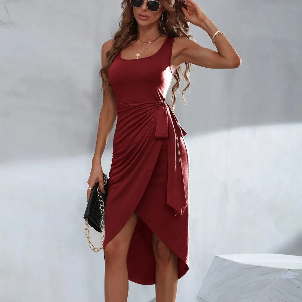Sleeveless Wrap Tie Waist Ruched Bodycon Midi Dress(Multiple Colors)