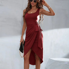 Sleeveless Wrap Tie Waist Ruched Bodycon Midi Dress(Multiple Colors)