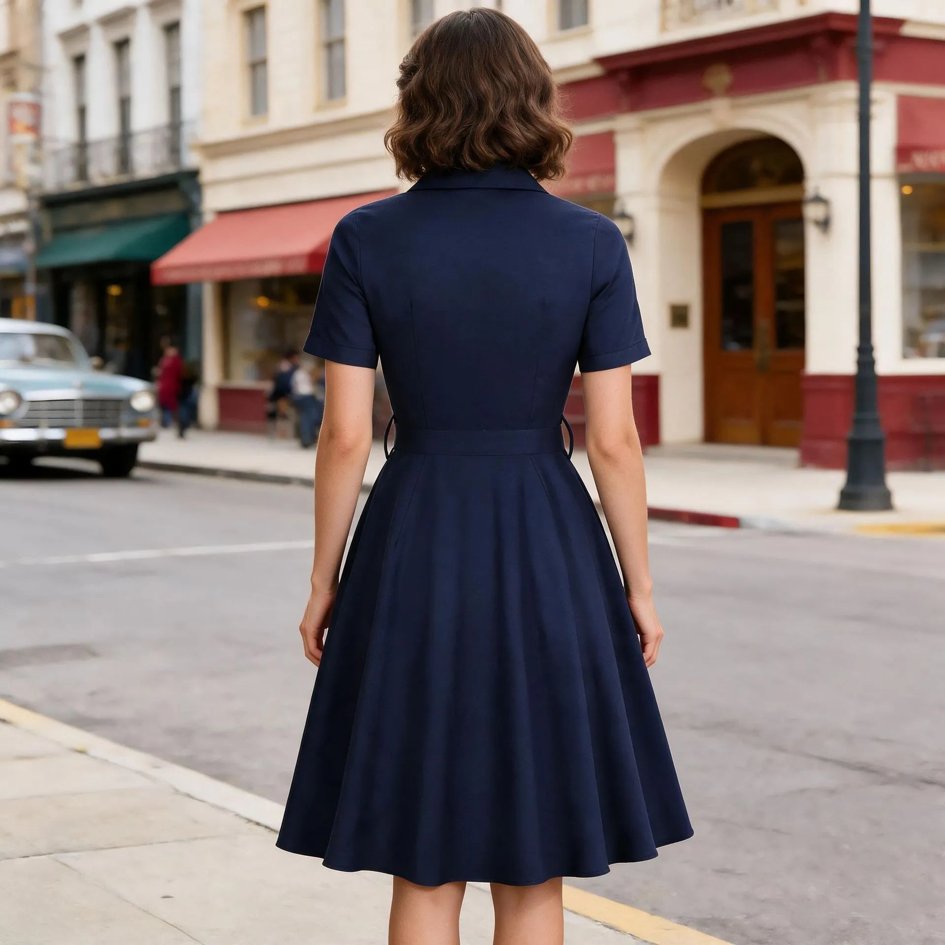 Lapel Short Sleeve Button Front Belted Vintage Swing Midi Dress