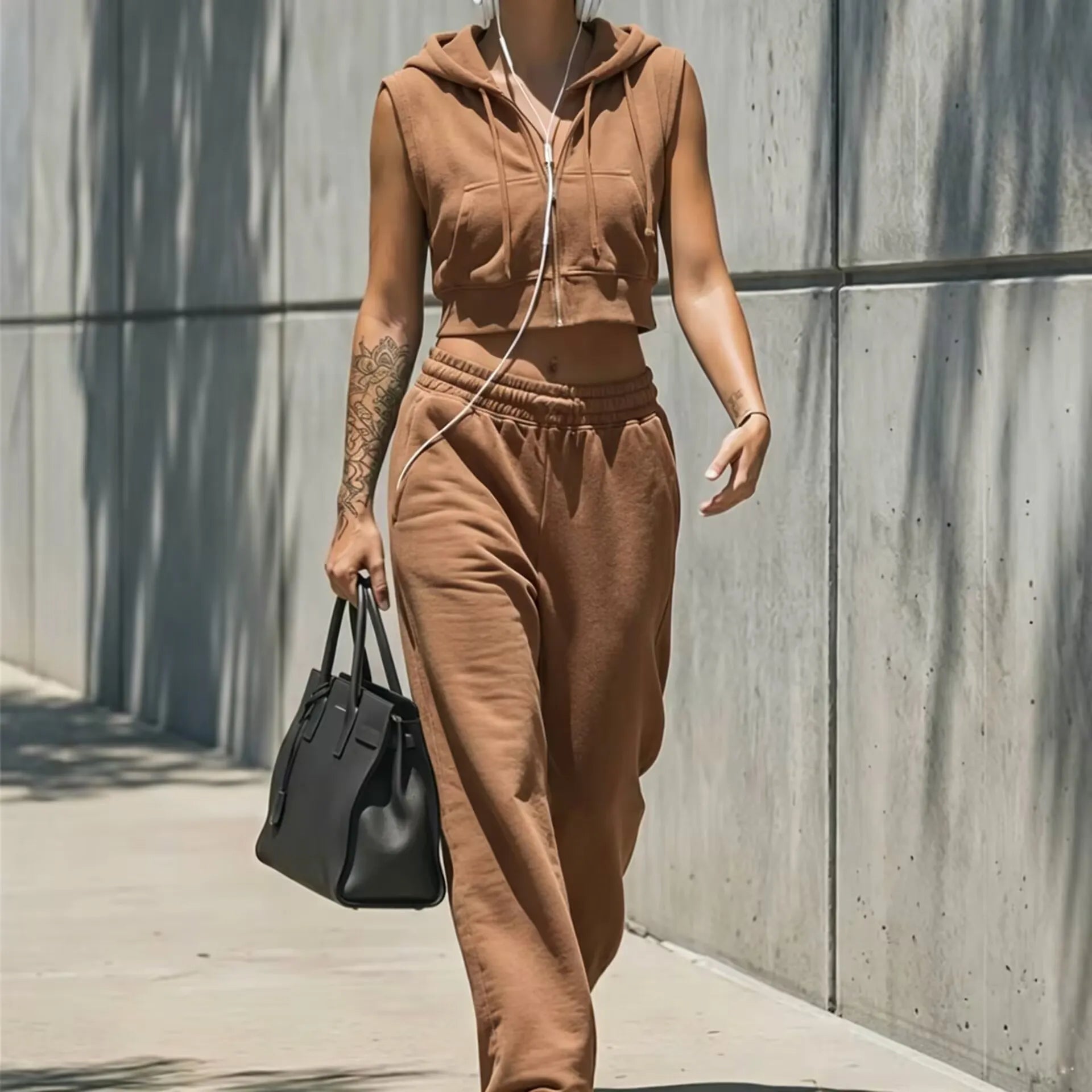 Sleeveless Zip Front Knit Vest & Elastic Waist Pants