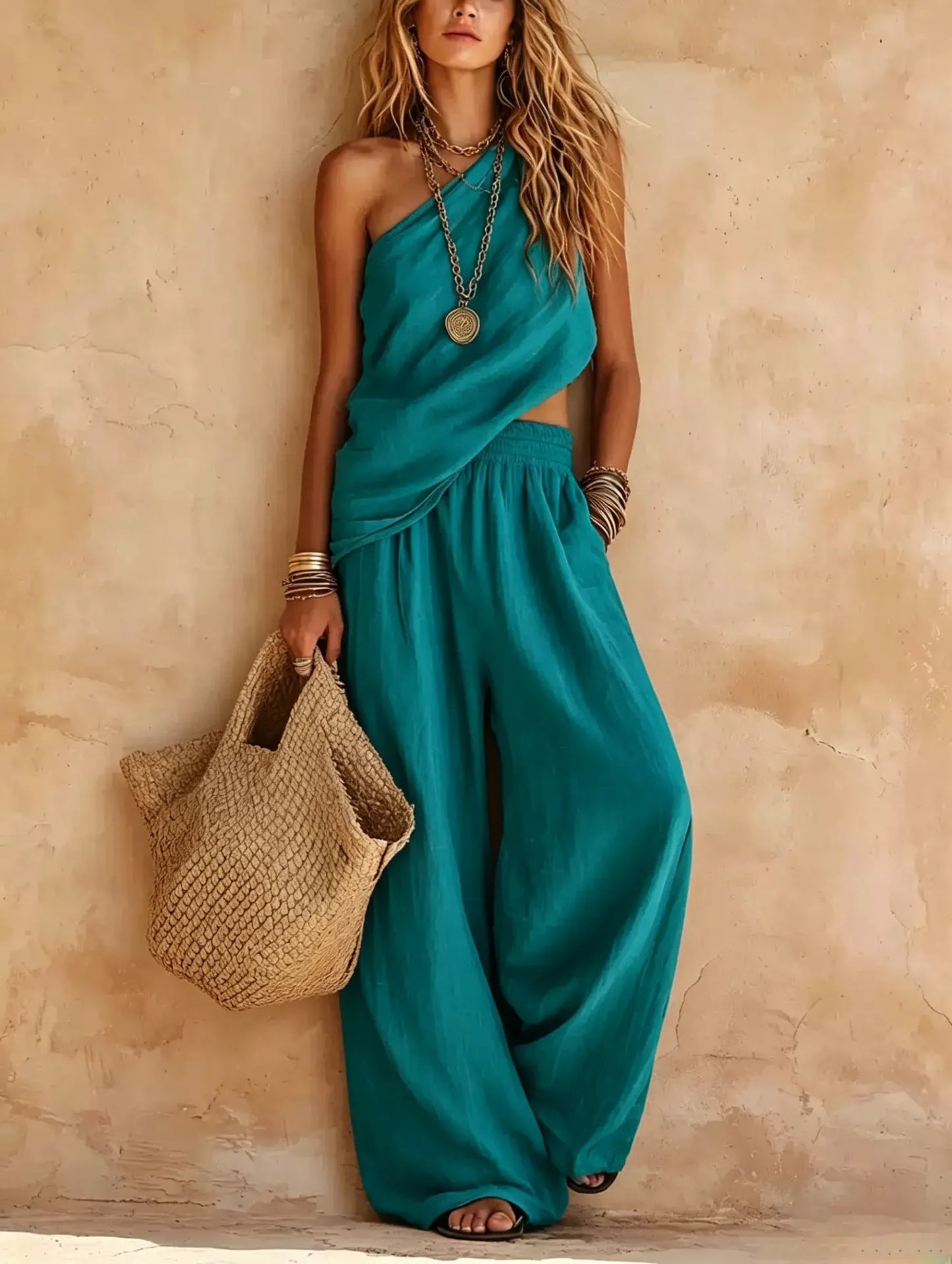 Diagonal Halter Wrap Top + Elastic Wide Leg Pants Two-piece Set