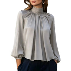 Mock Neck Pleated Chiffon Blouse Long Puff Sleeve Elegant Loose Work Shirt